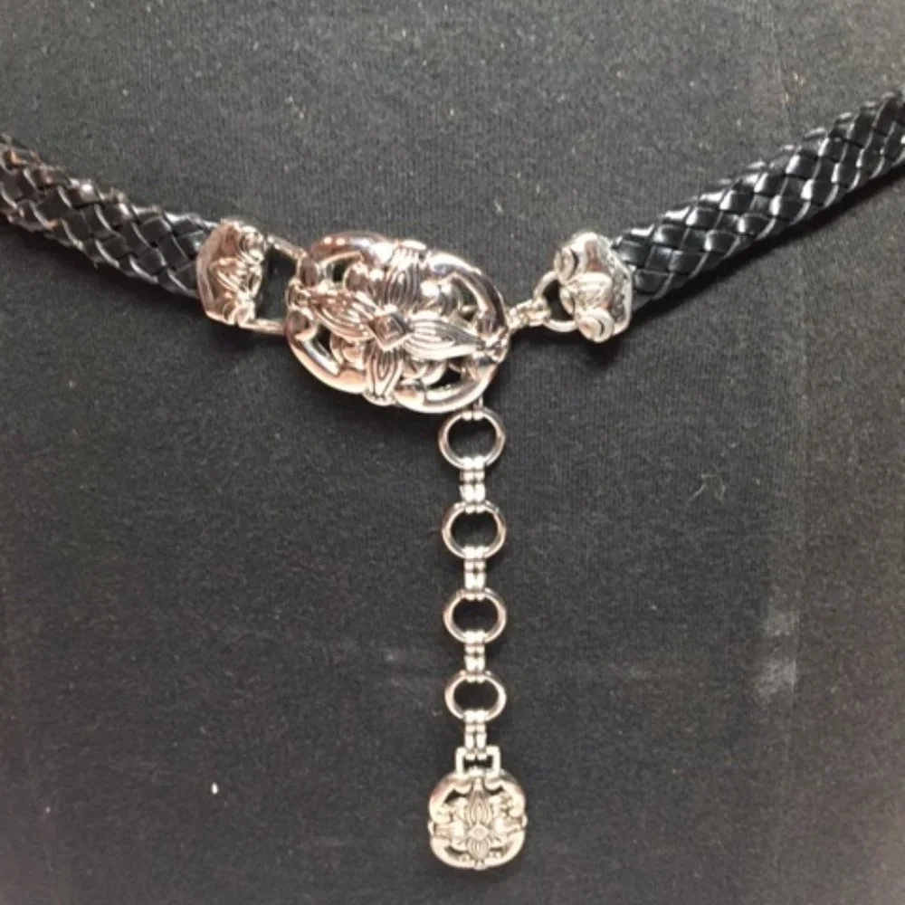 Braided Leather Navy w/ Floral Silver Toned Ornaments Belt Small